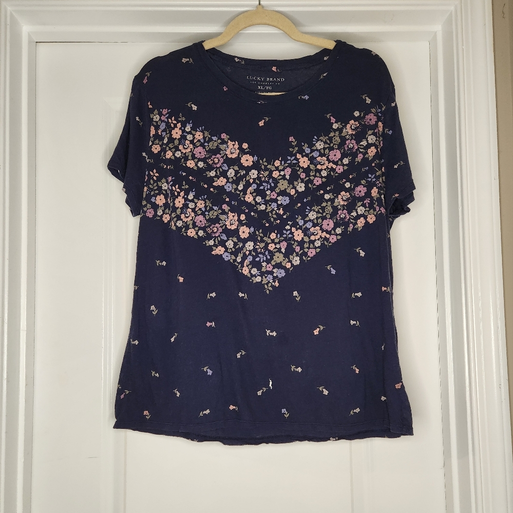 Lucky Brand Navy Blue pink Floral Short Sleeve Tee shirt top XL